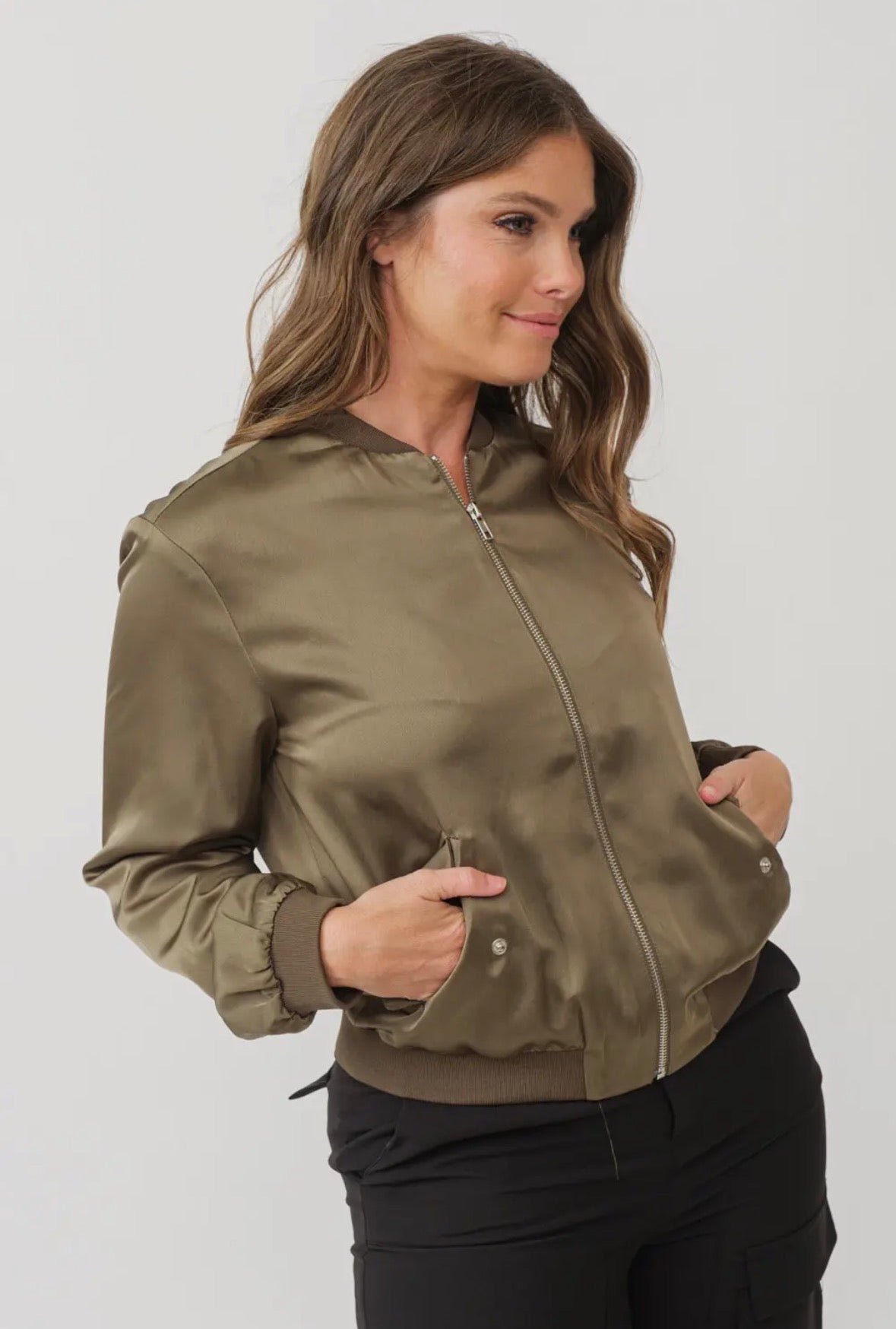 Olive Rush Satin Zip-Up Bomber
