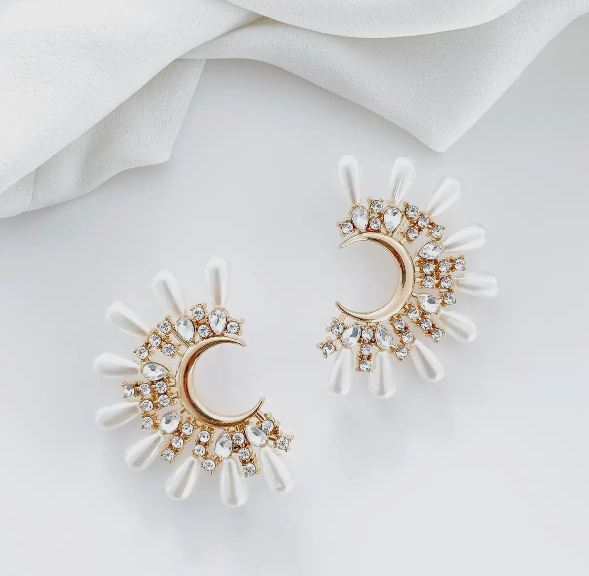 Supernova Half Moon Crystal Pearl Statement Earrings
