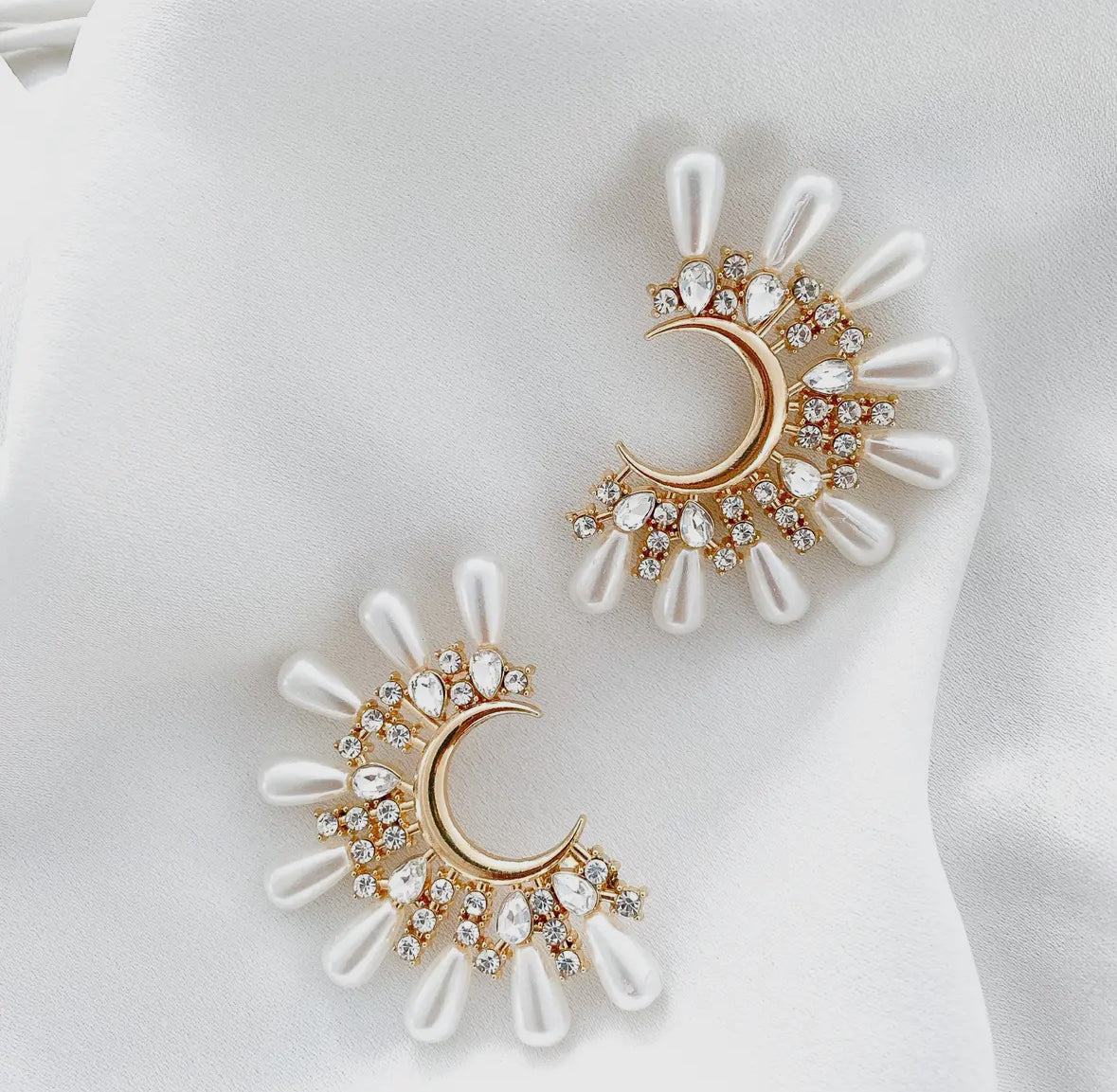 Supernova Half Moon Crystal Pearl Statement Earrings