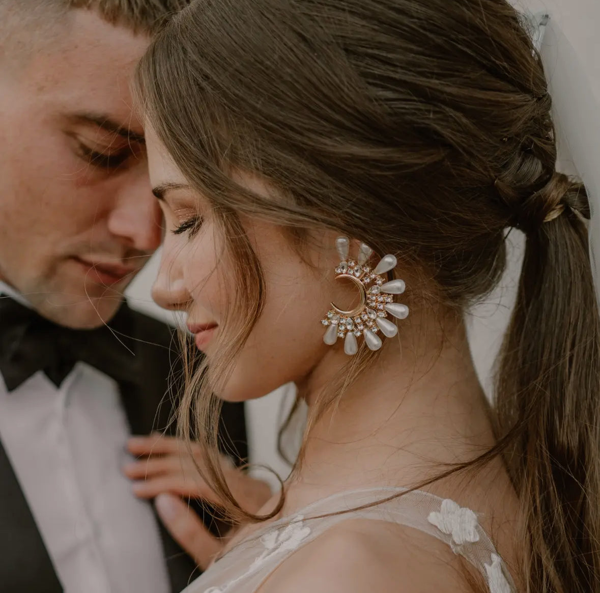 Supernova Half Moon Crystal Pearl Statement Earrings