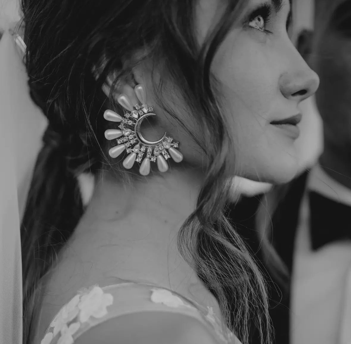 Supernova Half Moon Crystal Pearl Statement Earrings