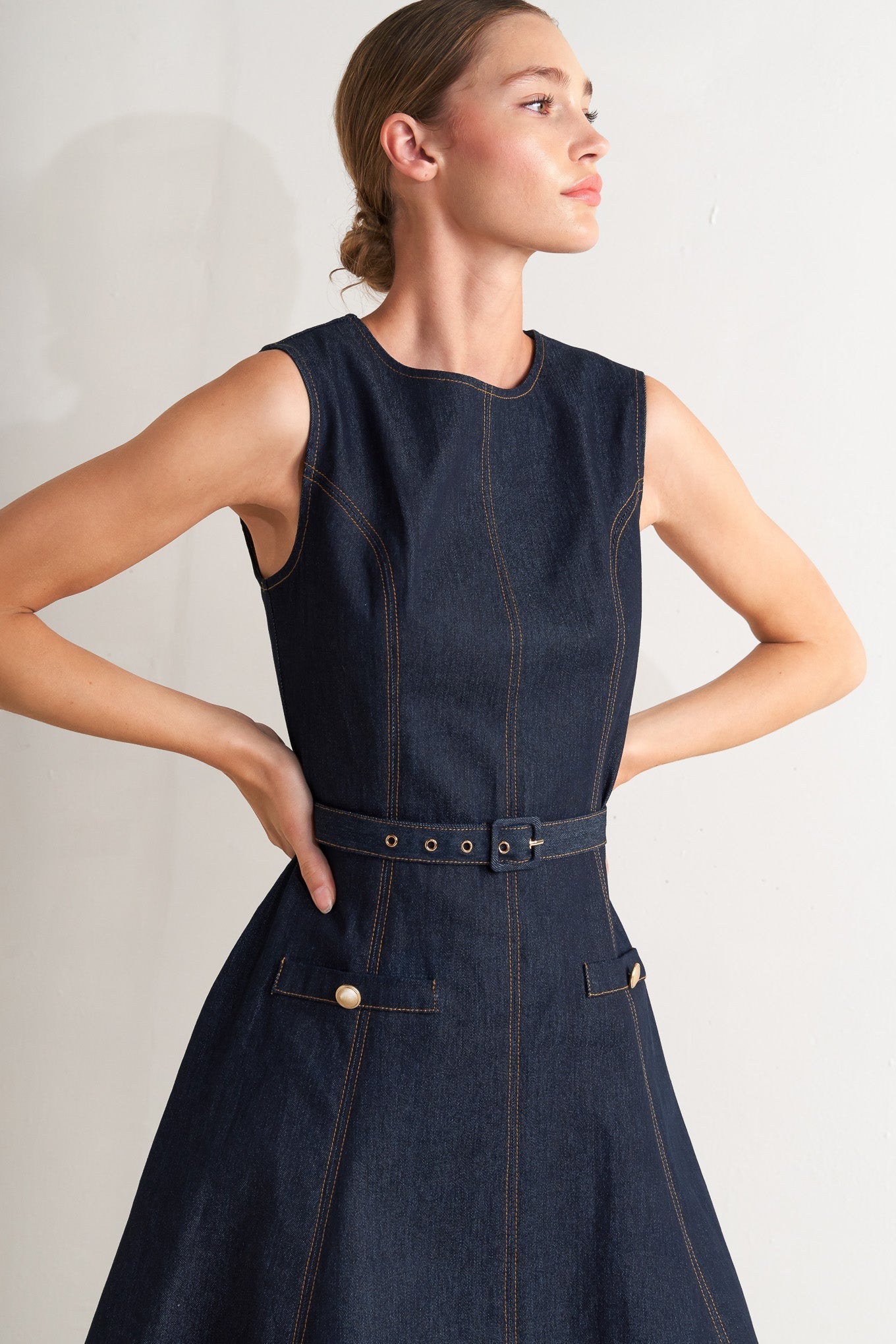 midi dark denim dress MODERN DARK DENIM MIDI DRESS