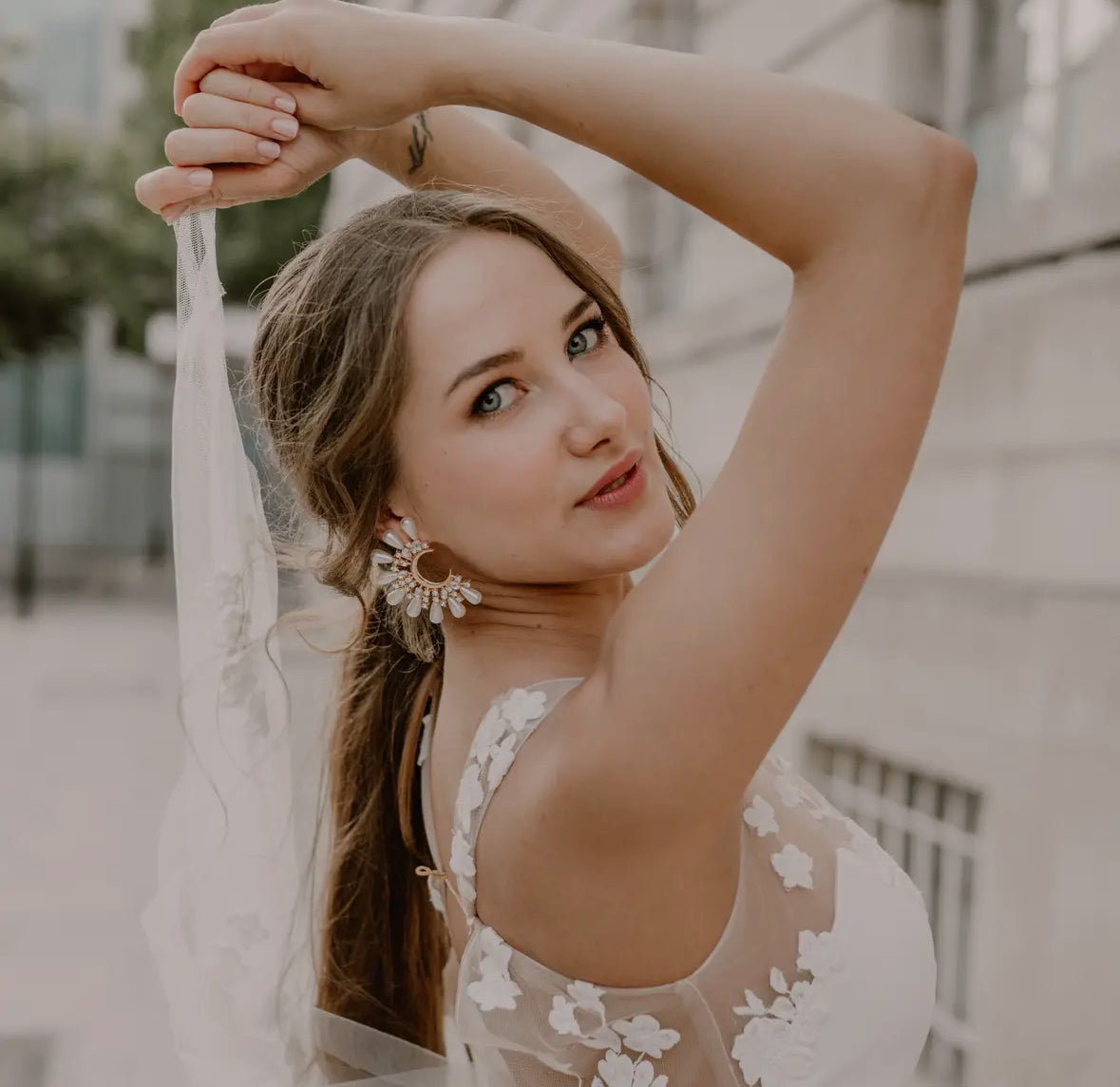 Supernova Half Moon Crystal Pearl Statement Earrings