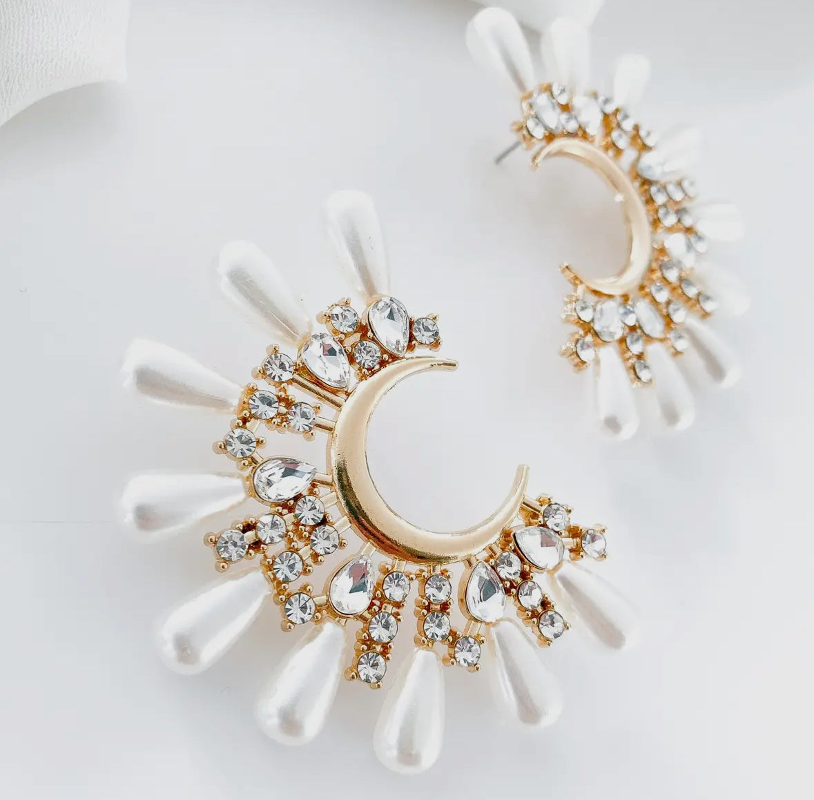Supernova Half Moon Crystal Pearl Statement Earrings