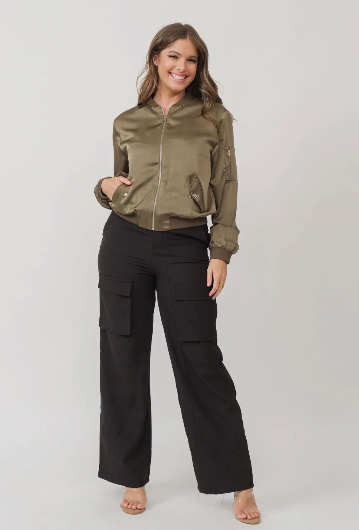 Olive Rush Satin Zip-Up Bomber