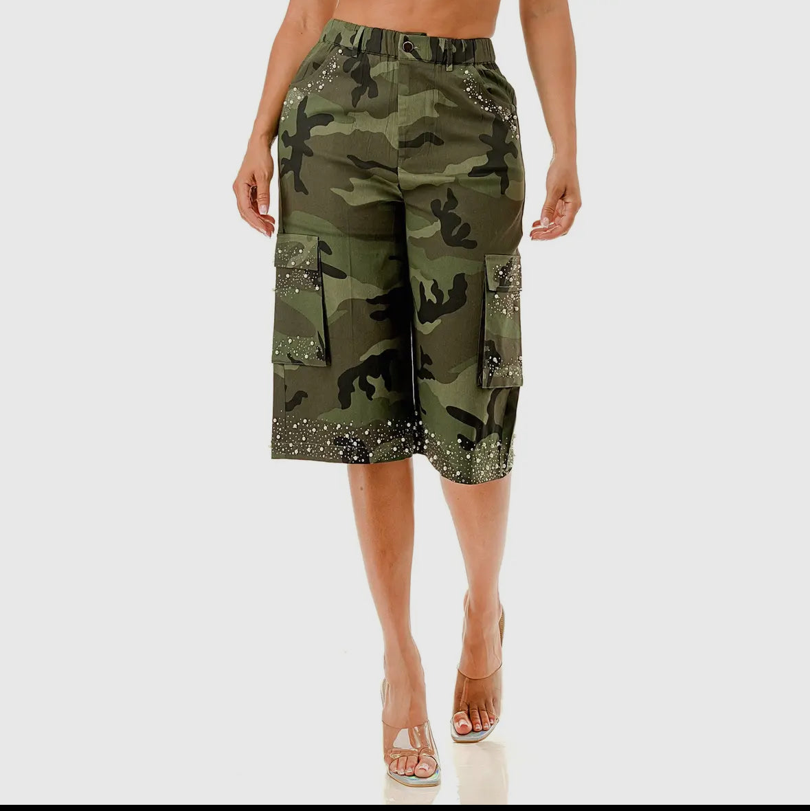 Curvy Pearl Embellished Camo Cargo Short