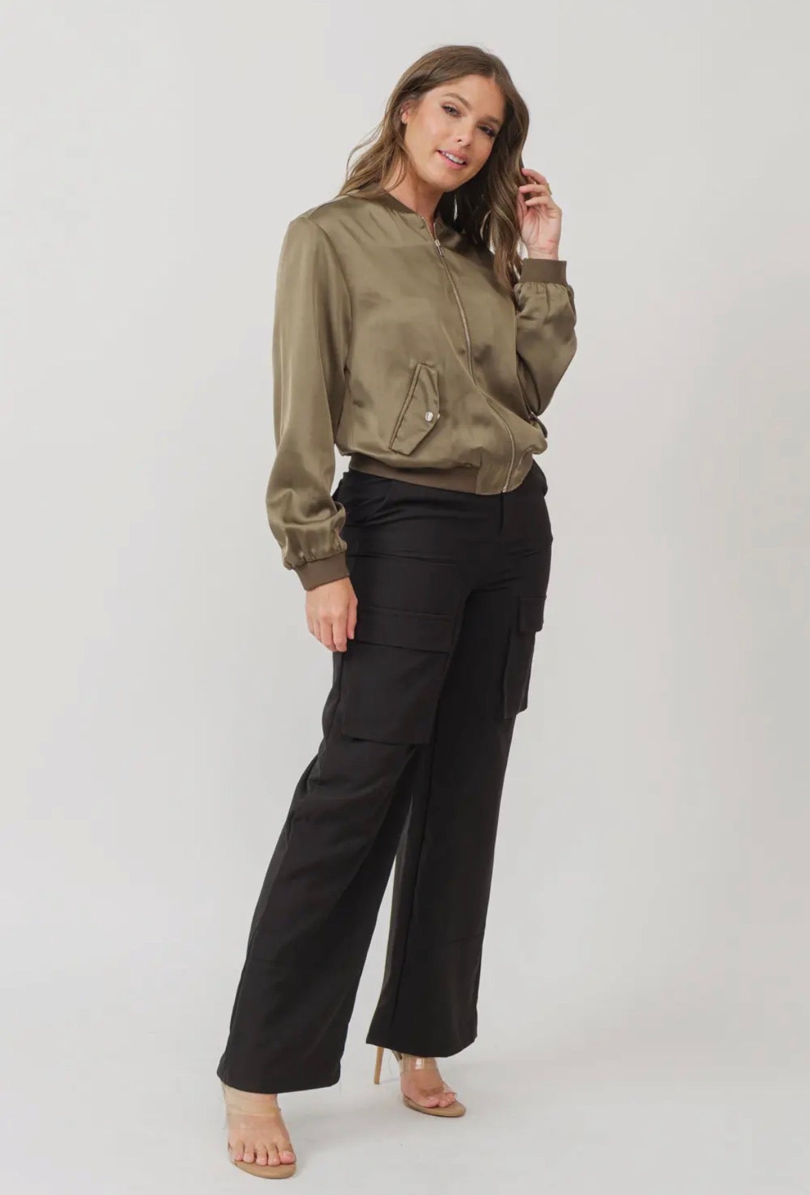 Olive Rush Satin Zip-Up Bomber