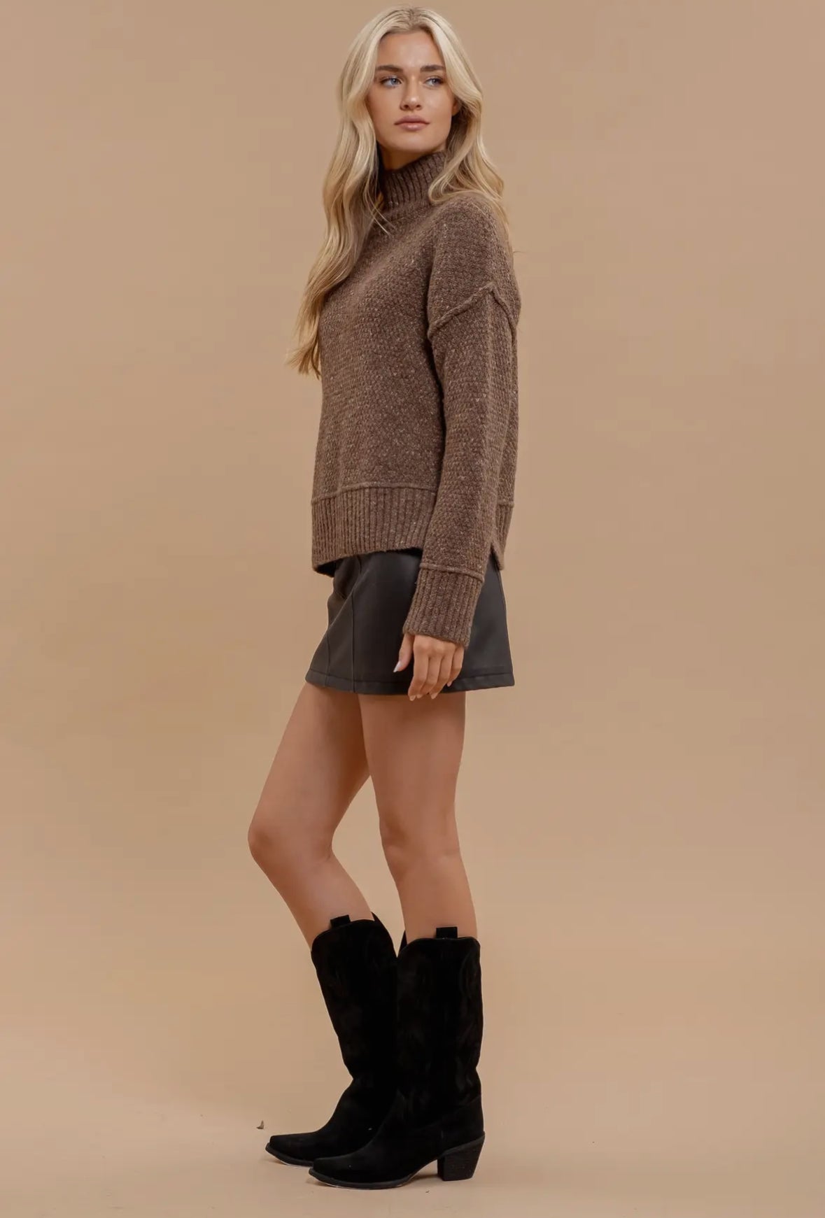 Wool Blend Turtleneck Long Sleeve Sweater - Brown