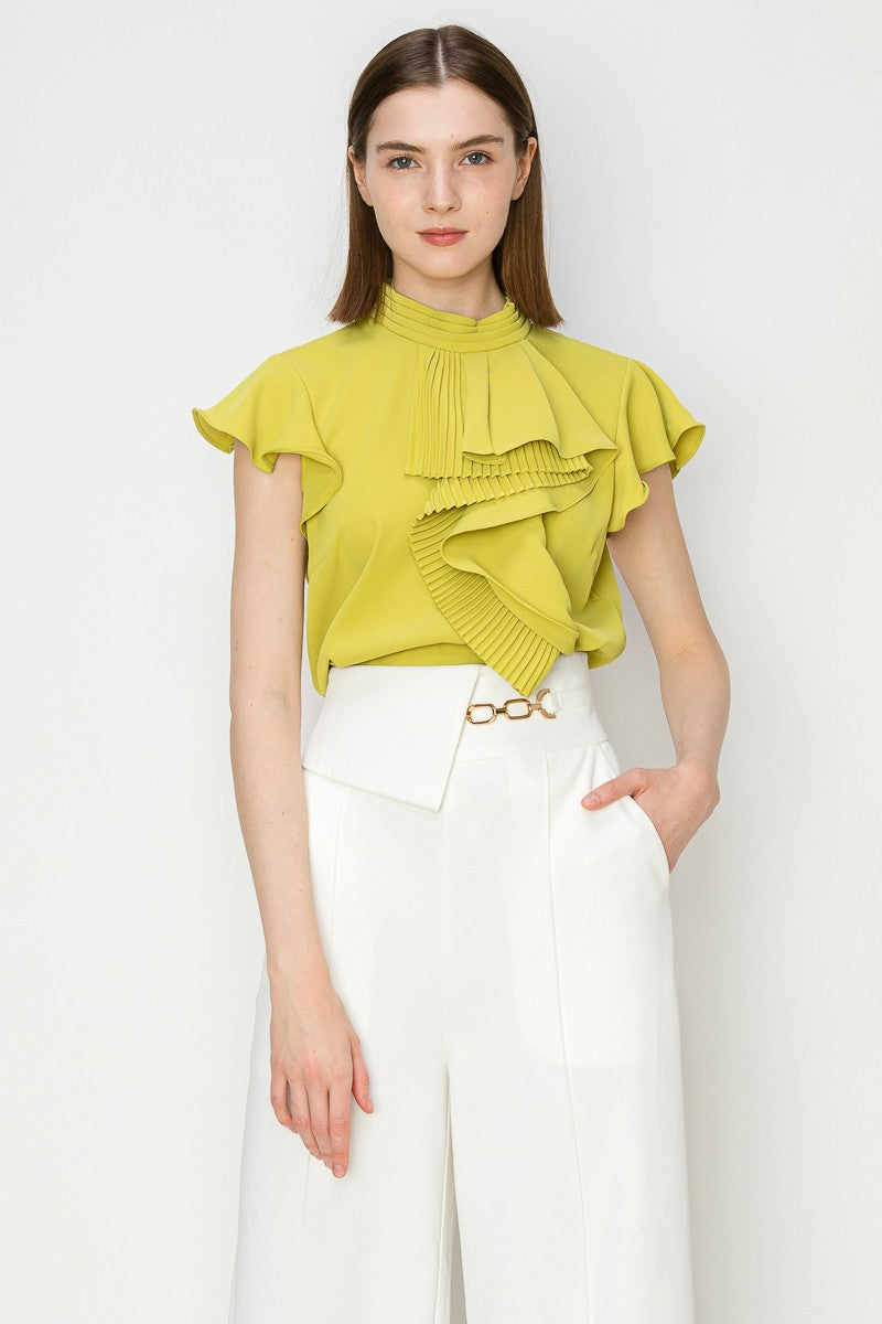 Mock Neck Ruffle Pleated Combo Top