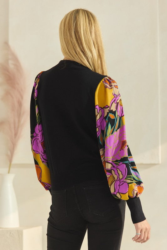 Curvy Floral Printed High Gauge Mock Neck Sweater