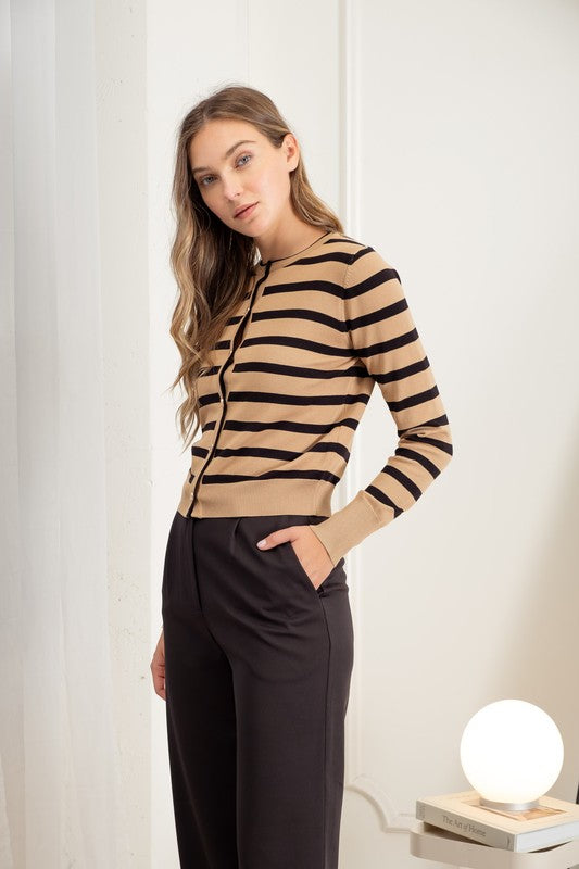 Striped Elegance Gold Button Cardigan