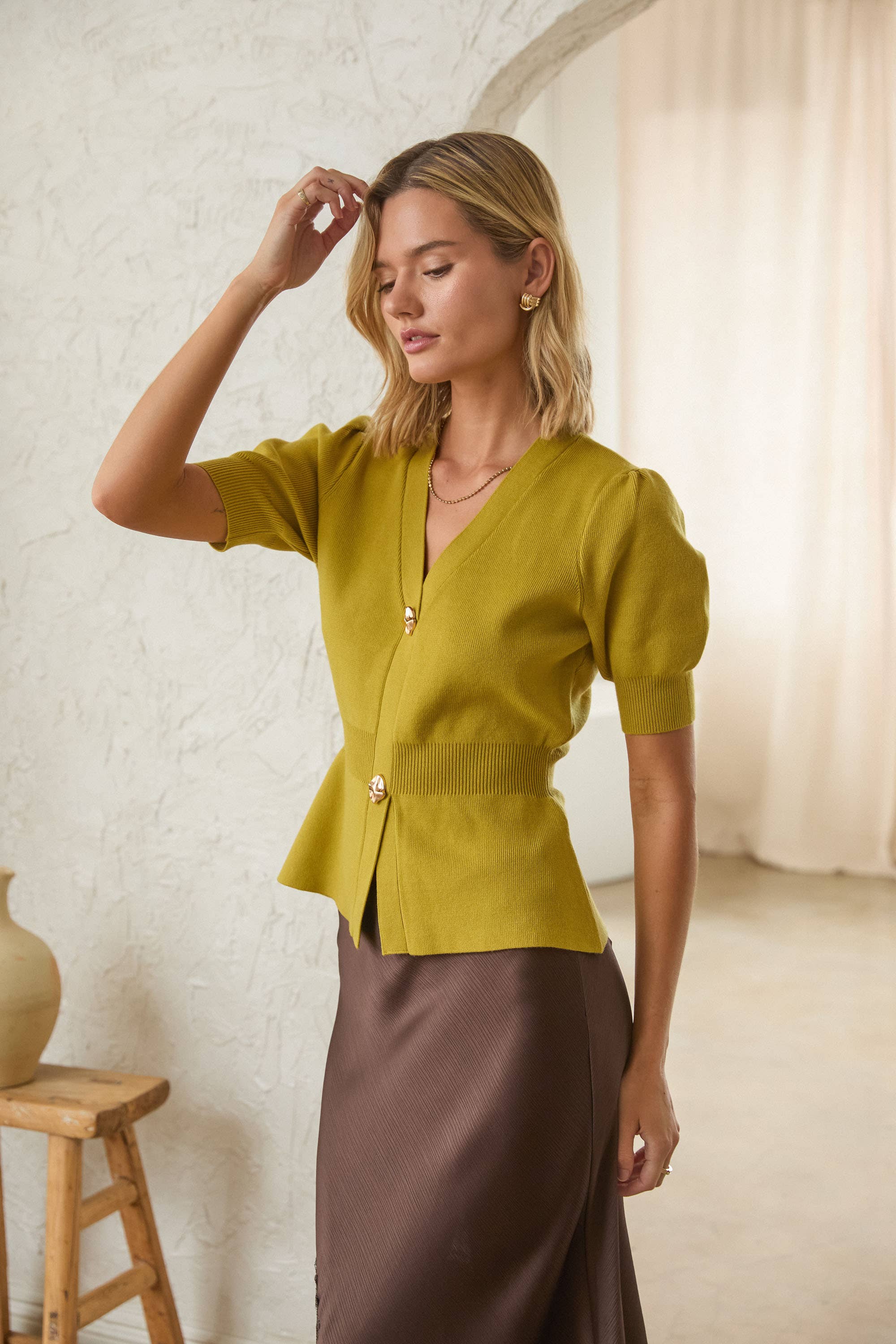 The Golden Muse Ribbed Short Sleeve Cardigan w/Gold Buttons