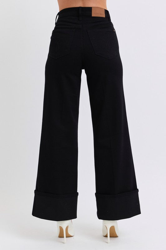 High Waisted Retro Wide Leg Jeans w/ Cuff BLACK