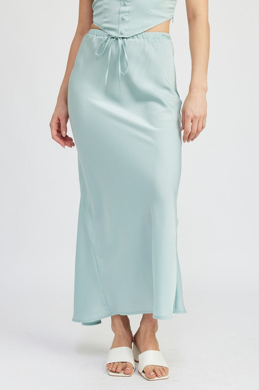 TIE FRONT SATIN MIDI SKIRT