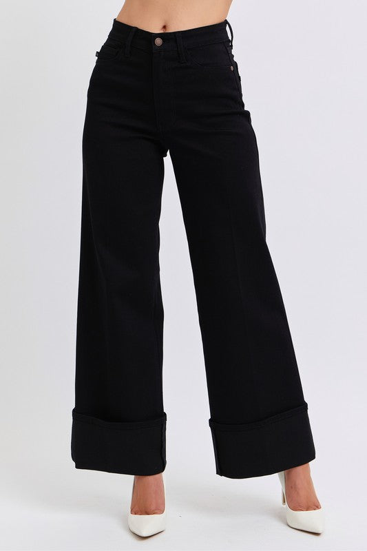 High Waisted Retro Wide Leg Jeans w/ Cuff BLACK