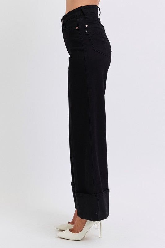 High Waisted Retro Wide Leg Jeans w/ Cuff BLACK