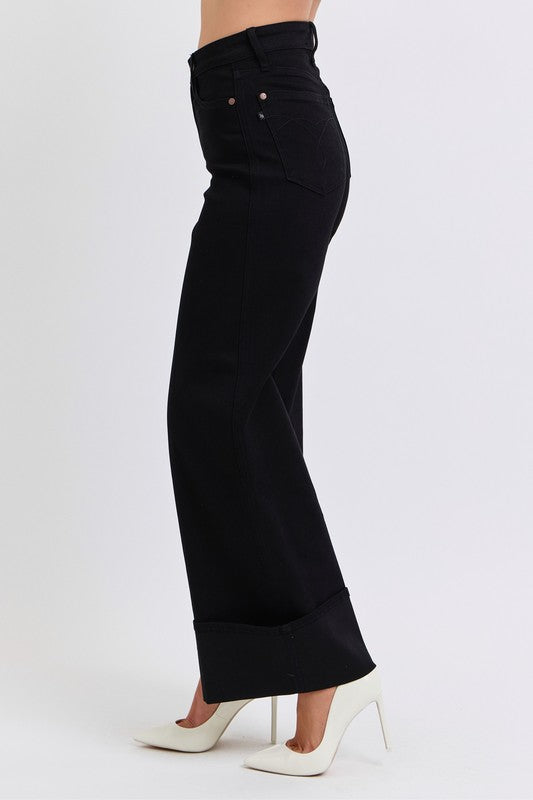 High Waisted Retro Wide Leg Jeans w/ Cuff BLACK