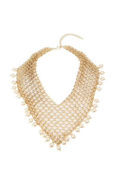 Mesh Gold Triangle Chain Necklace with Beige Pearl