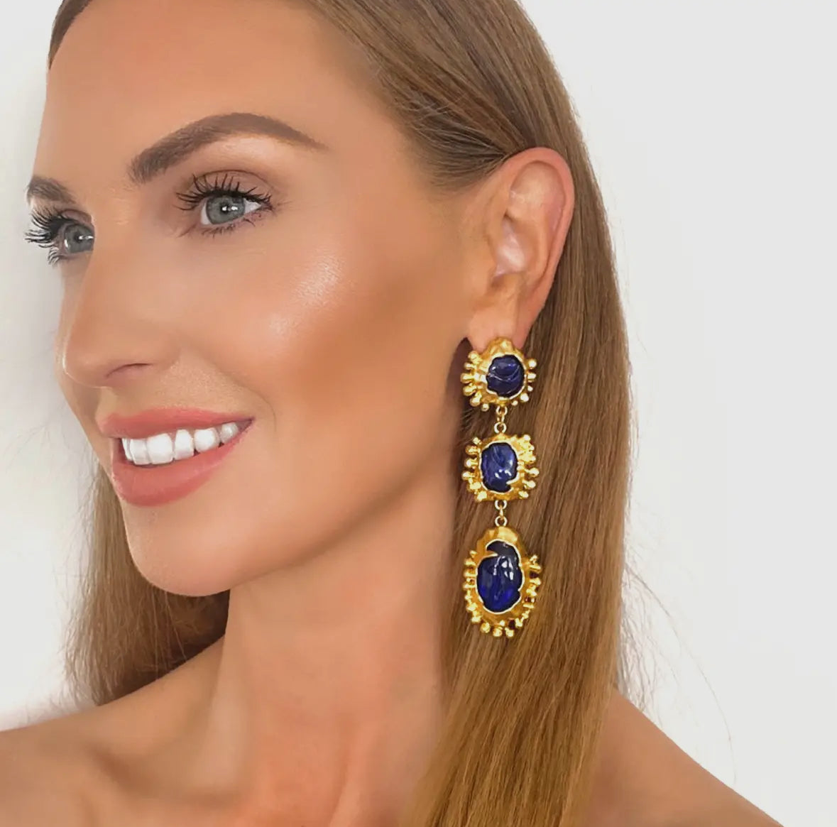 Vintage Long Dangle Blue Statement Earrings