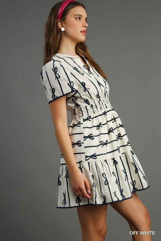 Ribbon Print Tiered Mini Dress