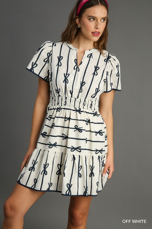 Ribbon Print Tiered Mini Dress