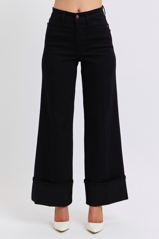 High Waisted Retro Wide Leg Jeans w/ Cuff BLACK