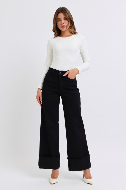 High Waisted Retro Wide Leg Jeans w/ Cuff BLACK