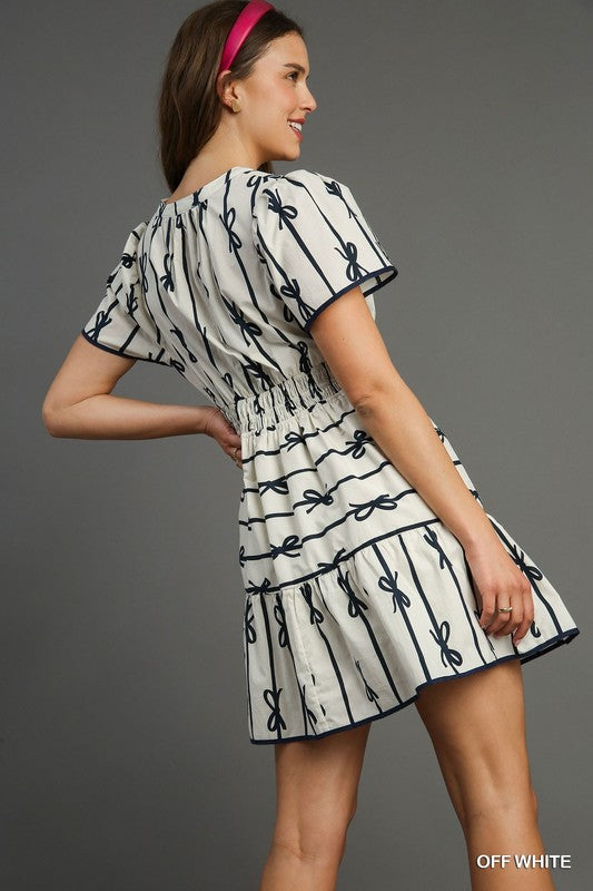 Ribbon Print Tiered Mini Dress