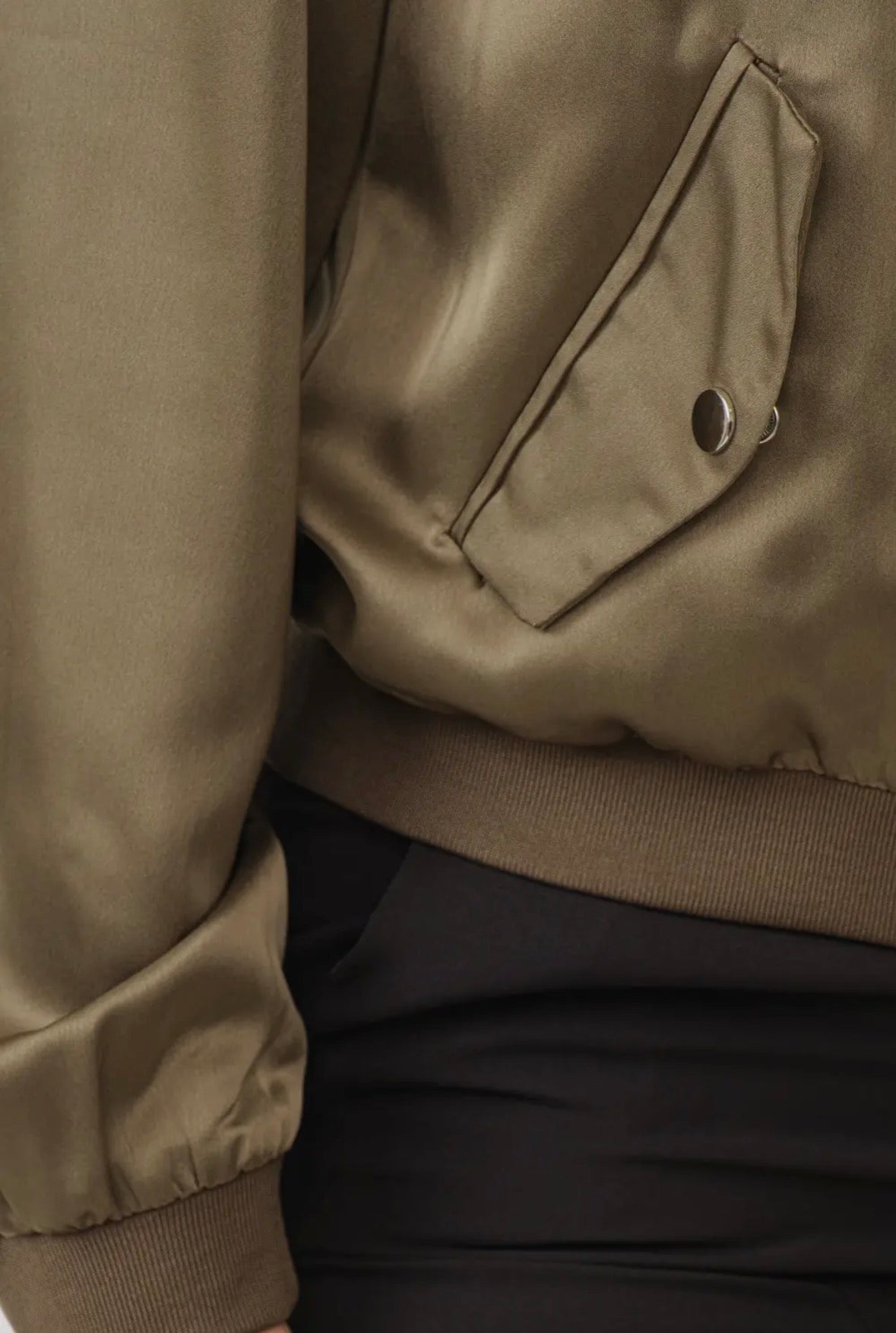 Olive Rush Satin Zip-Up Bomber