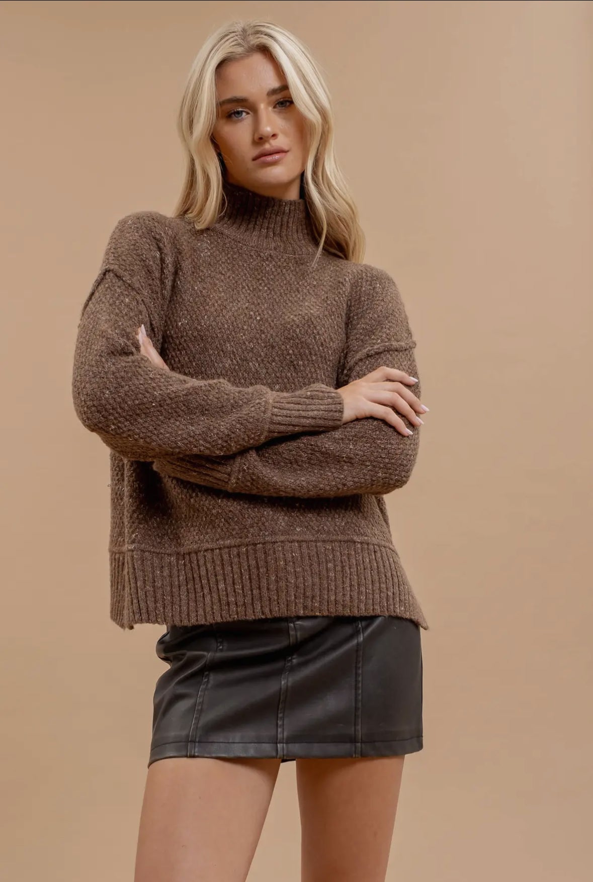 Wool Blend Turtleneck Long Sleeve Sweater - Brown