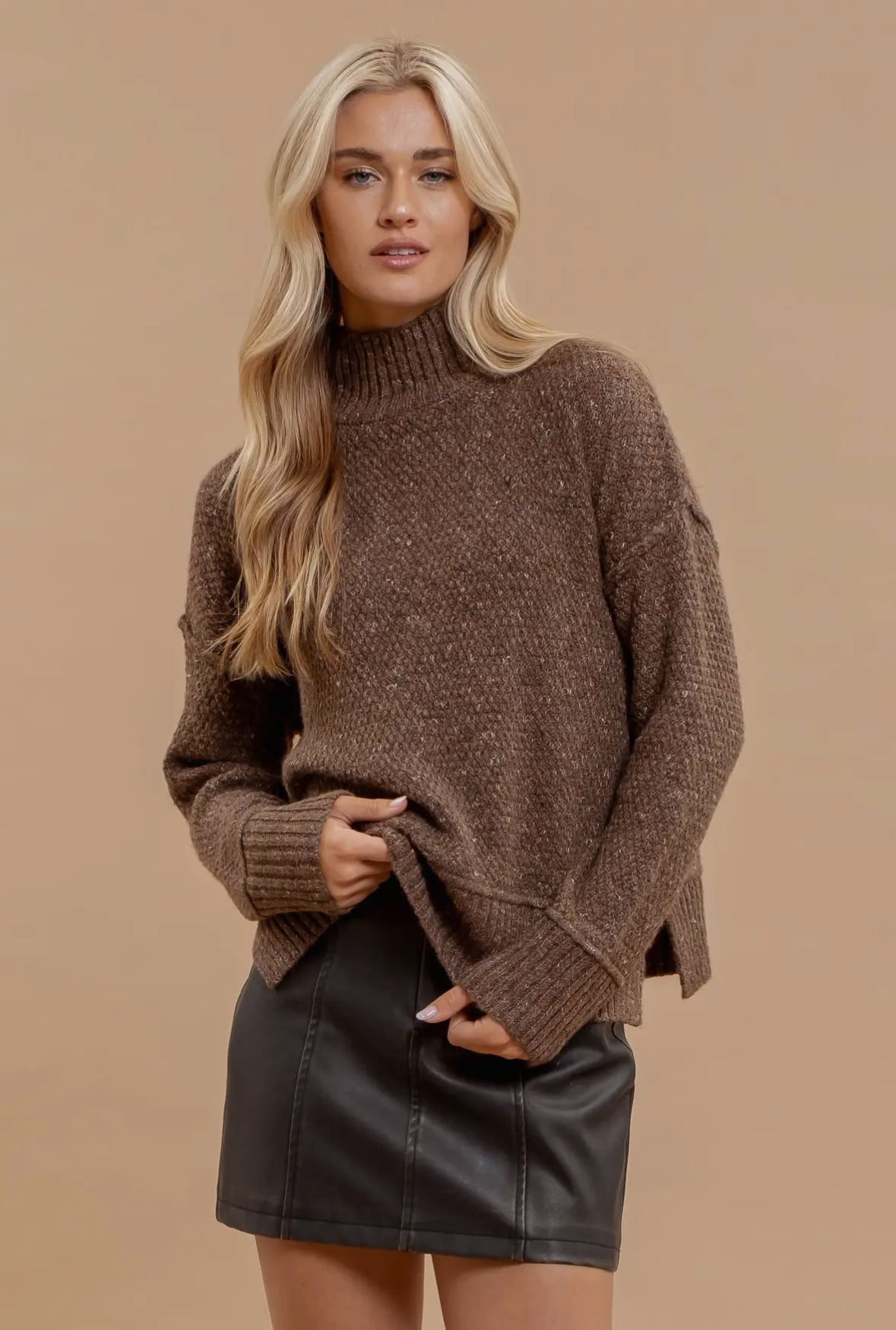 Wool Blend Turtleneck Long Sleeve Sweater - Brown