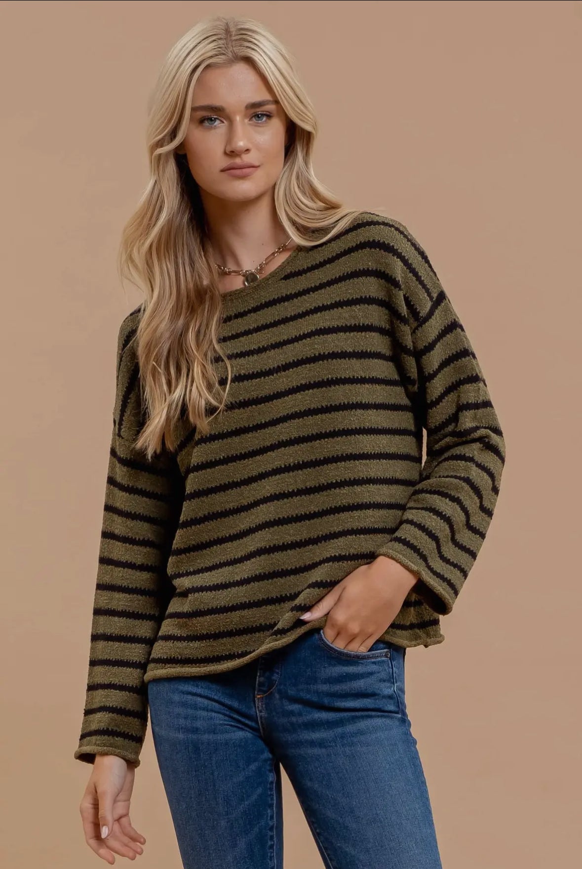 Olive Stripe Knit Sweater