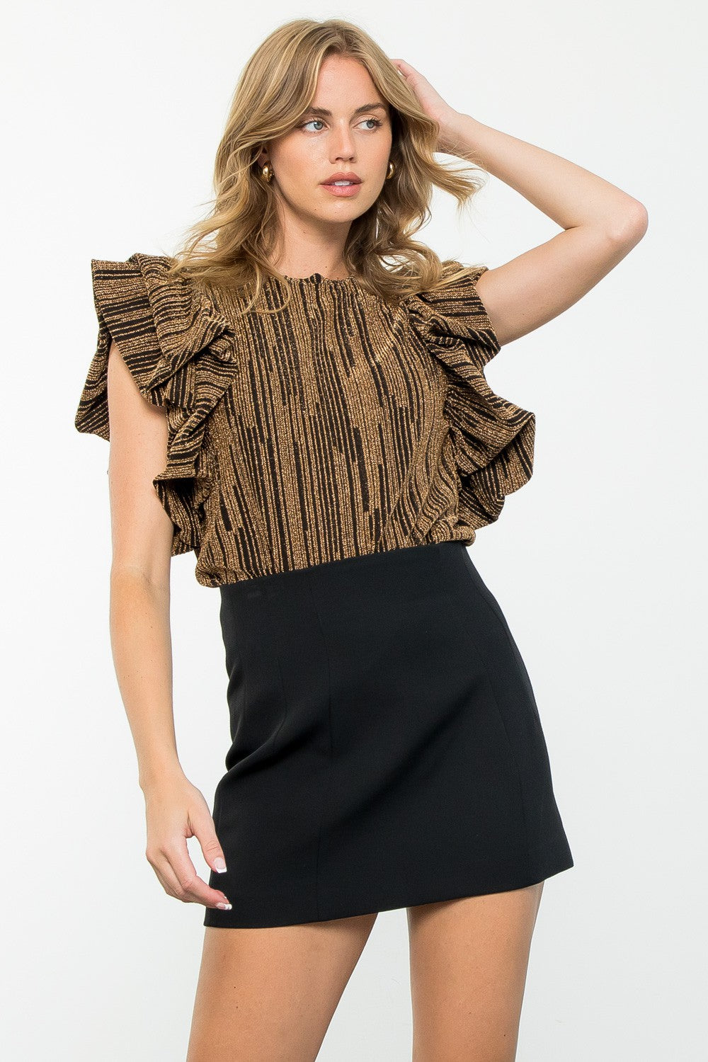 Ruffle Puff Sleeve Metallic Top