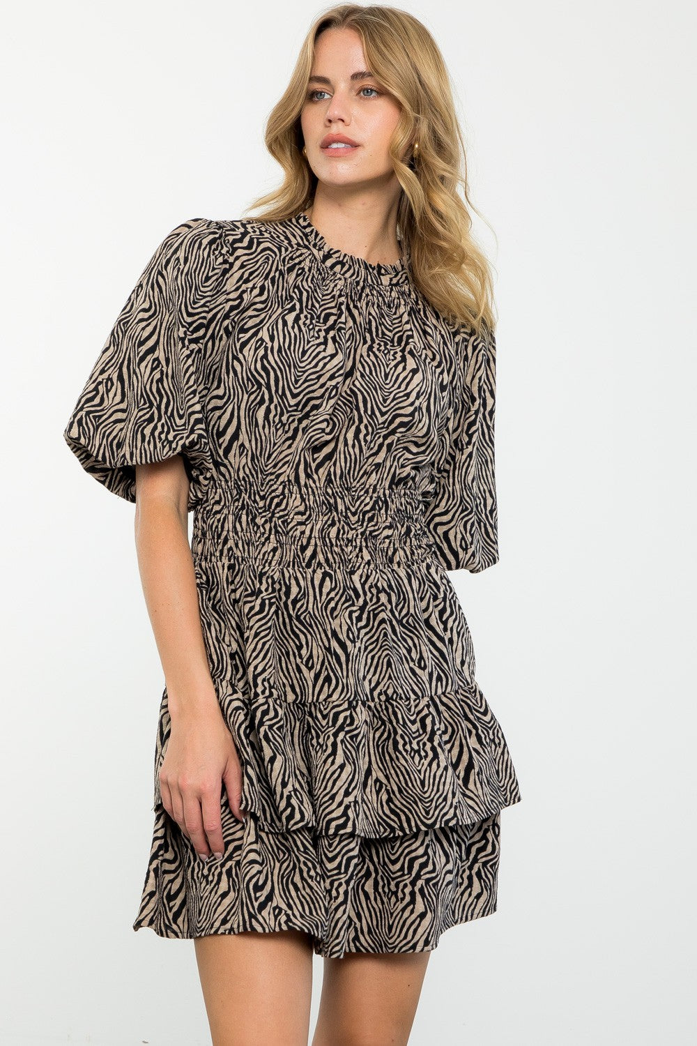 Puff Sleeve Zebra Print Dress SM-XL