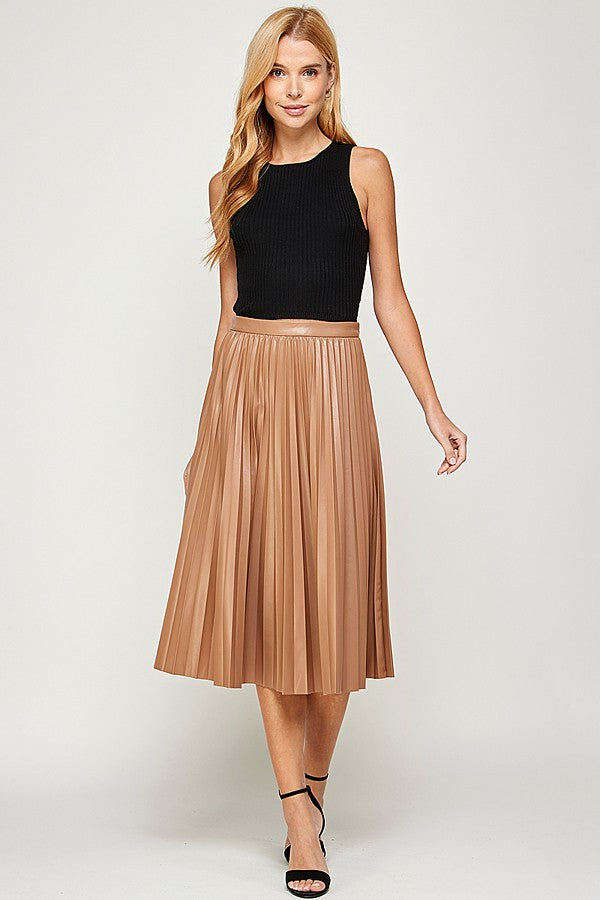 Tan leather cheap pleated skirt