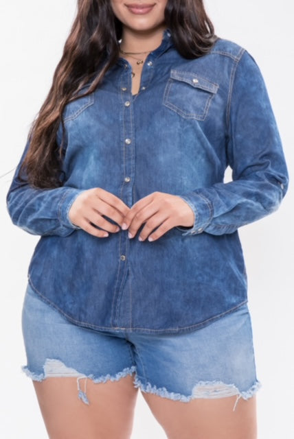 Curvy Chambray Long Sleeve Top