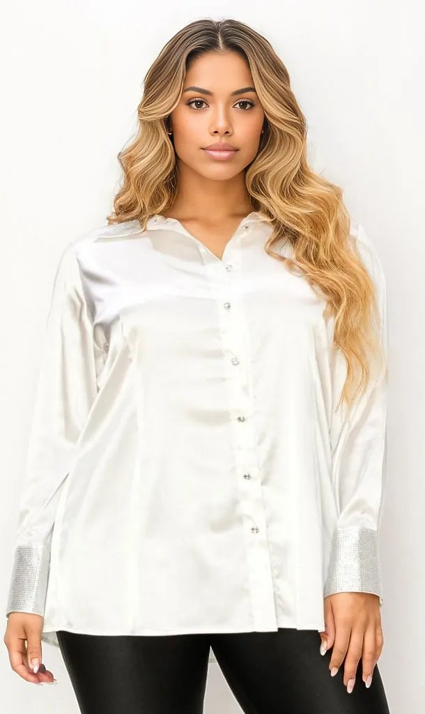 Curvy Razzle Dazzle Satin Collar & Cuff Stone Button Down Shirt