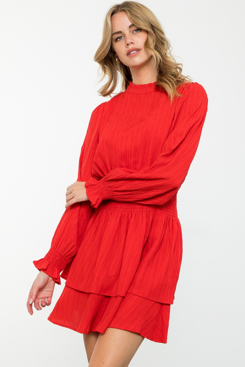 Long Sleeve Red Smocked Waist Dress