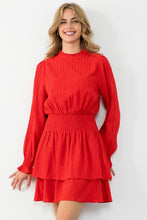 Long Sleeve Red Smocked Waist Dress