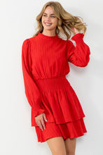 Long Sleeve Red Smocked Waist Dress