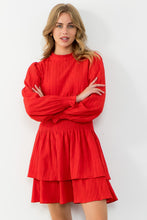 Long Sleeve Red Smocked Waist Dress