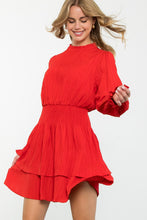 Long Sleeve Red Smocked Waist Dress