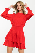 Long Sleeve Red Smocked Waist Dress