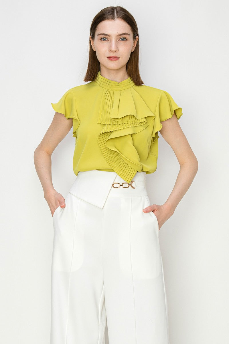 Mock Neck Ruffle Pleated Combo Top