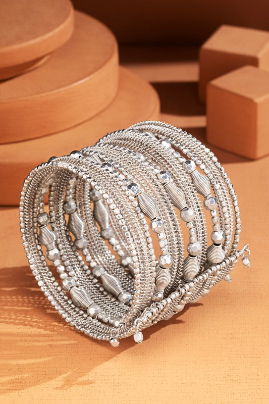 Silver Multi-Layer Beaded Bangle Bracelet