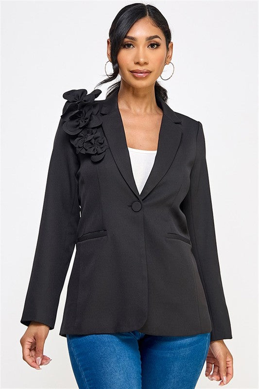 Flower Applique Shoulder Blazer - Black