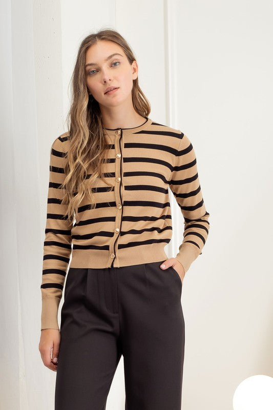 Striped Round Neck Button Down Cardigan