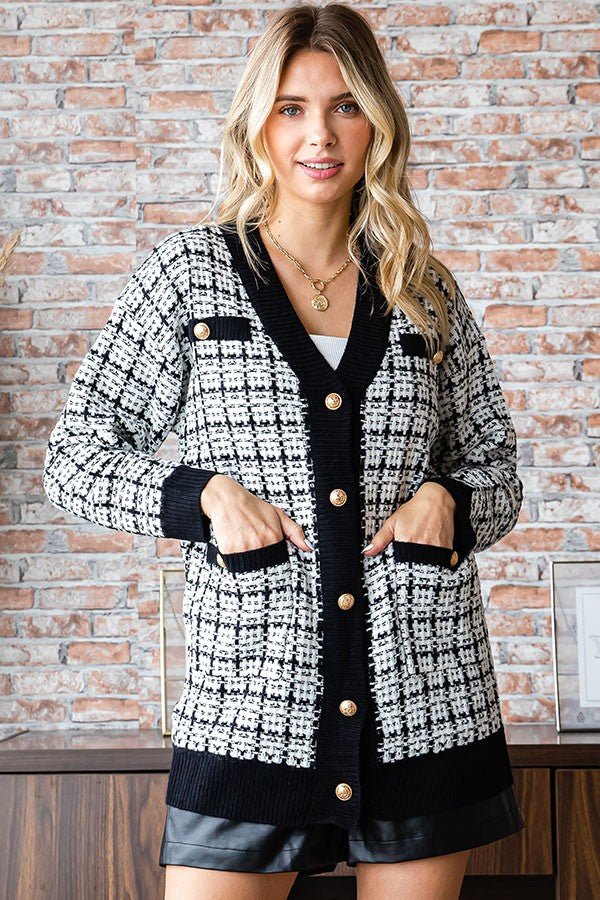 Boucle Check Knitted Long Cardigan - Lorenza Alessandra