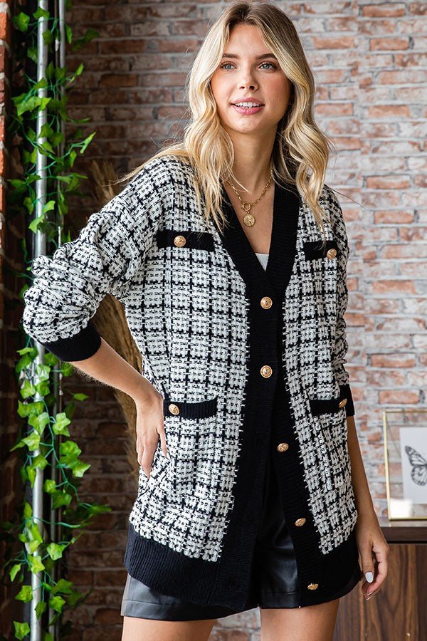 Boucle Check Knitted Long Cardigan - Lorenza Alessandra